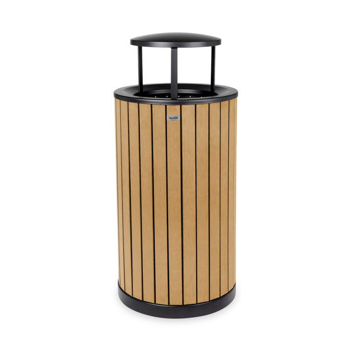 Alpine Industries Round, 32-Gallon Outdoor Trash Container with Slatted Recycled Plastic Panels - Rain Bonnet Lid - Cedar - ALP4400-01-CD-RB