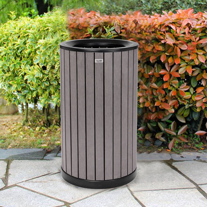 Alpine Industries Round, 32-Gallon Outdoor Trash Container with Slatted Recycled Plastic Panels - Grey ALP4400-01-GRY