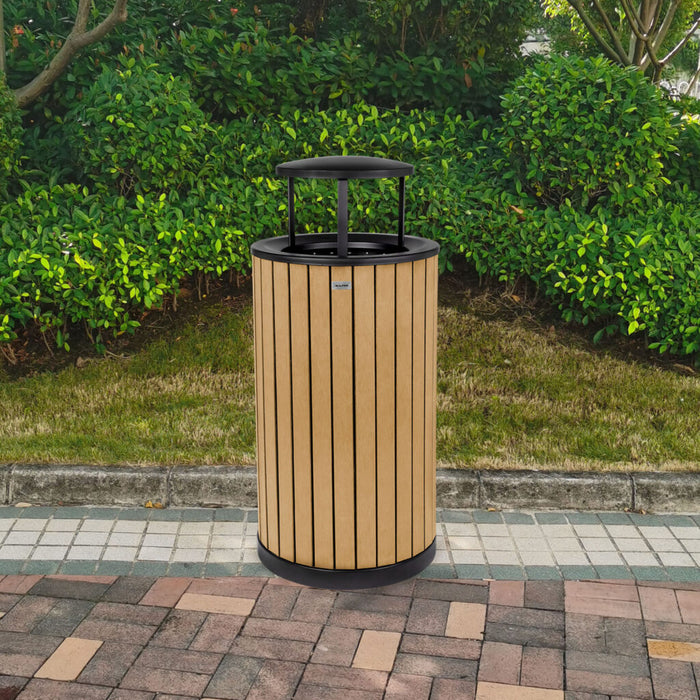 Alpine Industries Round, 32-Gallon Outdoor Trash Container with Slatted Recycled Plastic Panels - Rain Bonnet Lid - Cedar - ALP4400-01-CD-RB