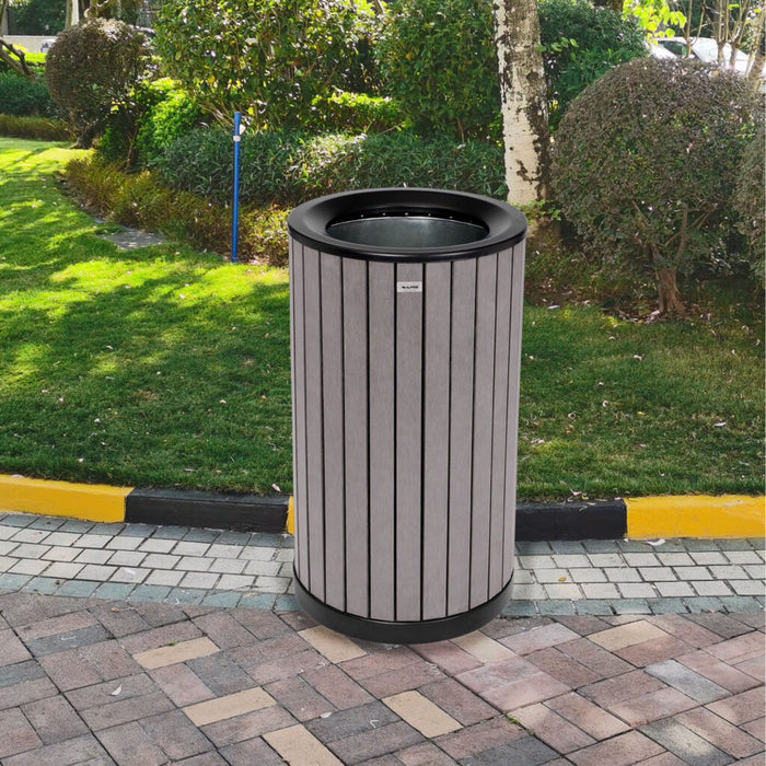 Alpine Industries Round, 32-Gallon Outdoor Trash Container with Slatted Recycled Plastic Panels - Grey ALP4400-01-GRY