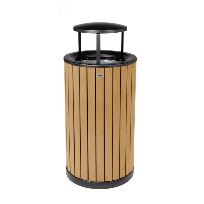 Alpine Industries Round, 32-Gallon Outdoor Trash Container with Slatted Recycled Plastic Panels - Rain Bonnet Lid - Cedar - ALP4400-01-CD-RB