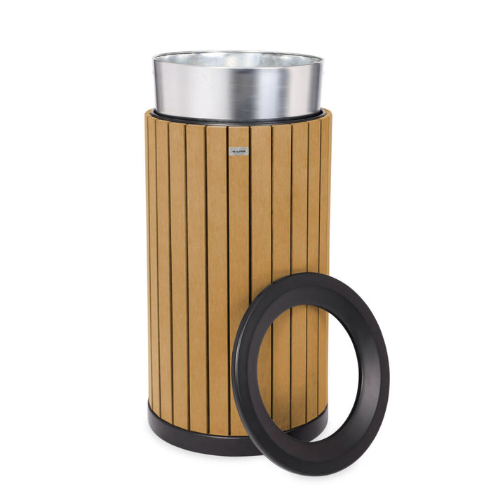 Alpine Industries Round, 32-Gallon Outdoor Trash Container with Slatted Recycled Plastic Panels - Cedar - ALP4400-01-CD