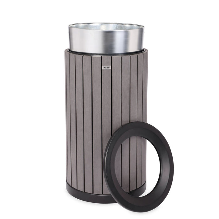 Alpine Industries Round, 32-Gallon Outdoor Trash Container with Slatted Recycled Plastic Panels - Grey ALP4400-01-GRY