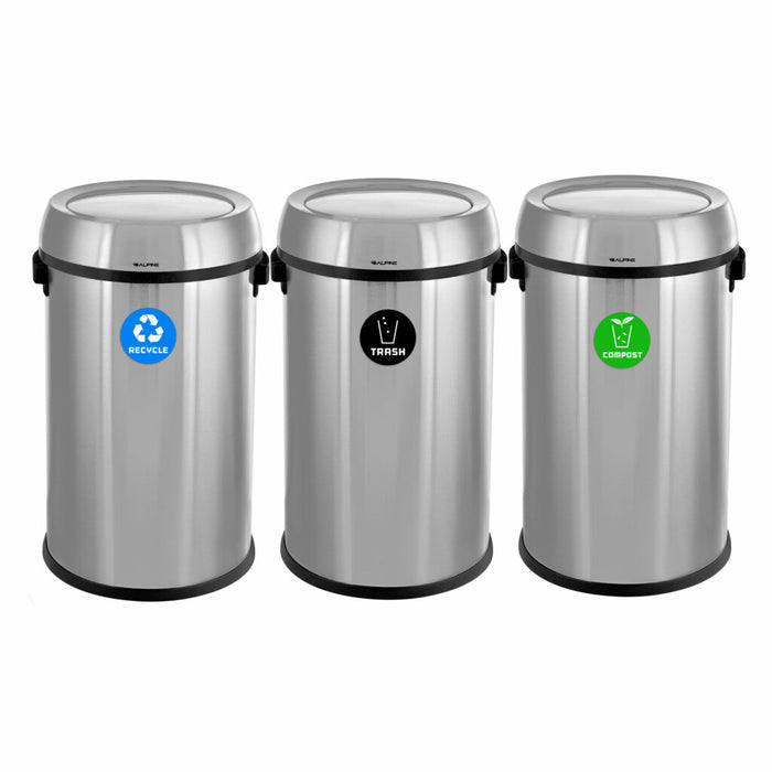 Alpine Industries 17 Gallon Stainless Steel Indoor Recycling, Trash, and Compost Bins with Swivel Lid ALP470-65L-1-R-T-CO