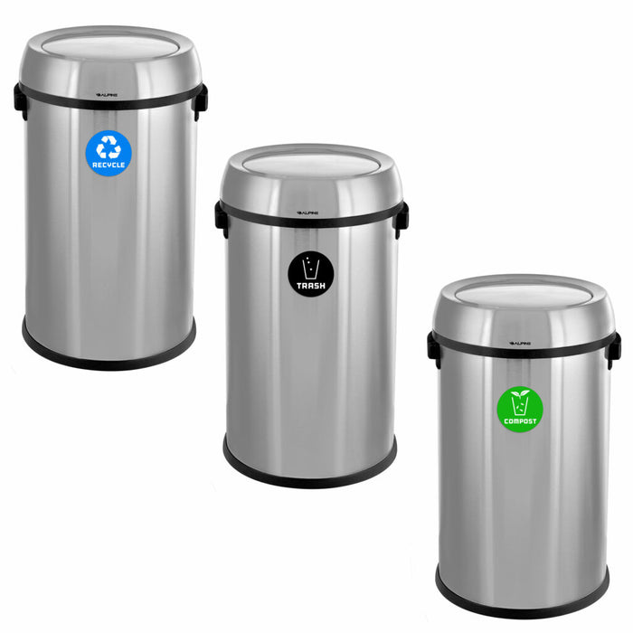 Alpine Industries 17 Gallon Stainless Steel Indoor Recycling, Trash, and Compost Bins with Swivel Lid ALP470-65L-1-R-T-CO