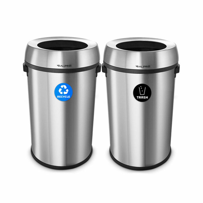 Alpine Industries 17 Gallon Stainless Steel Open Top Recycling Bin and Trash Receptacle ALP470-65L-R-T