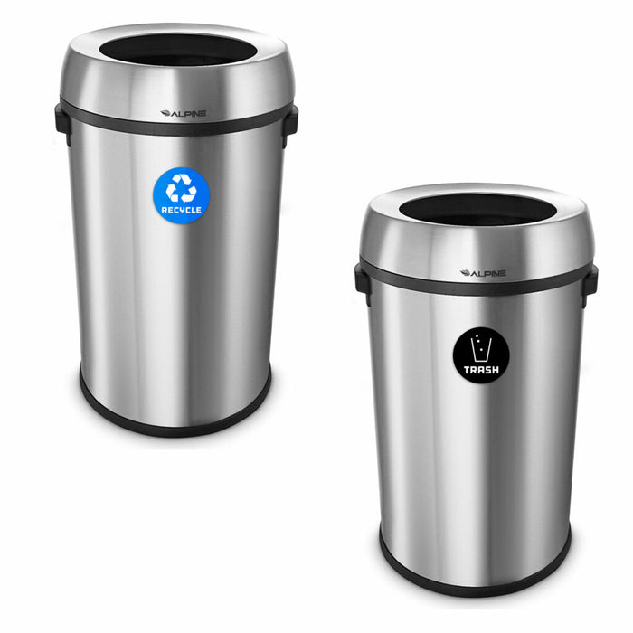 Alpine Industries 17 Gallon Stainless Steel Open Top Recycling Bin and Trash Receptacle ALP470-65L-R-T