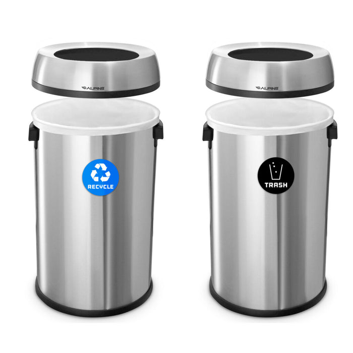 Alpine Industries 17 Gallon Stainless Steel Open Top Recycling Bin and Trash Receptacle ALP470-65L-R-T