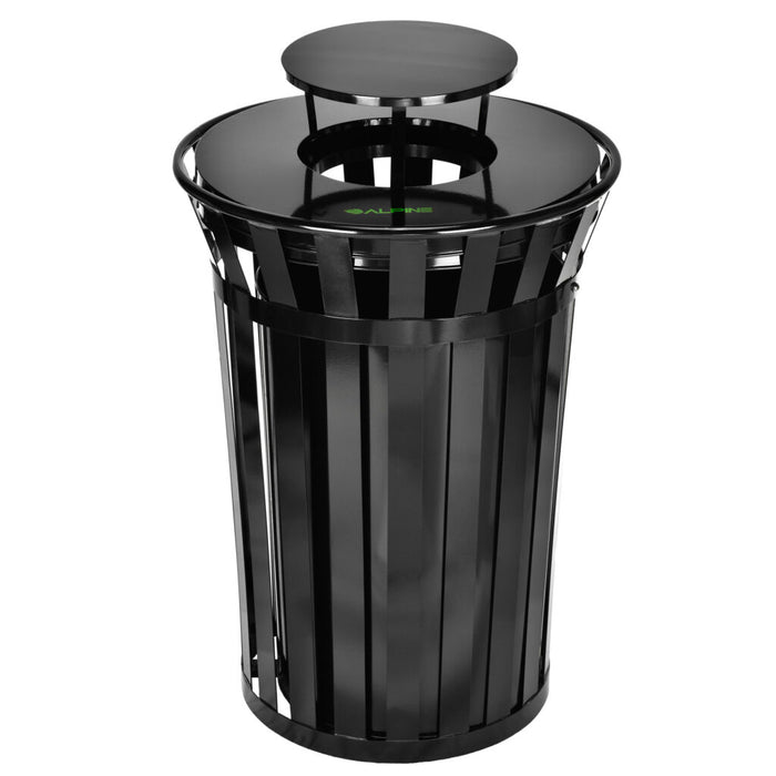 Alpine Industries Outdoor Metal Slatted Trash Receptacle with Rain Bonnet Lid - 38 Gallon Black - ALP479-38-1