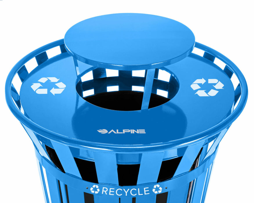 Alpine Industries Outdoor Metal Slatted Recycling Receptacle with Rain Bonnet Lid - 38 Gallon Blue - ALP479-38-1-BLU