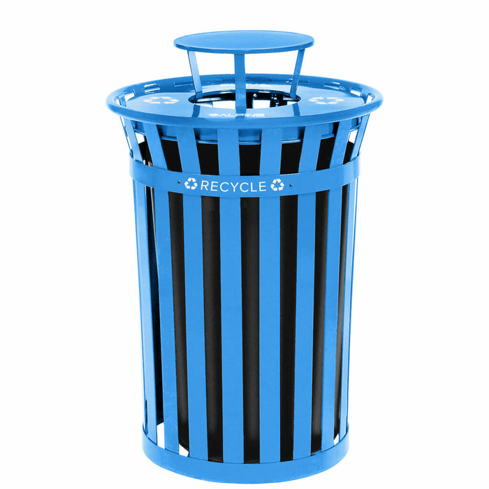 Alpine Industries Outdoor Metal Slatted Recycling Receptacle with Rain Bonnet Lid - 38 Gallon Blue - ALP479-38-1-BLU