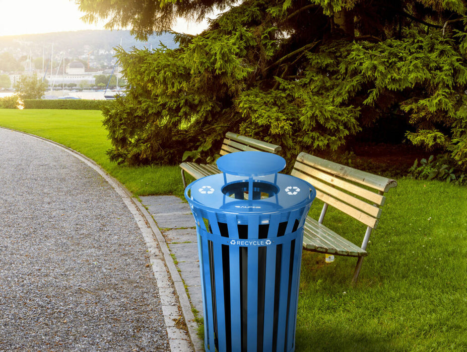 Alpine Industries Outdoor Metal Slatted Recycling Receptacle with Rain Bonnet Lid - 38 Gallon Blue - ALP479-38-1-BLU