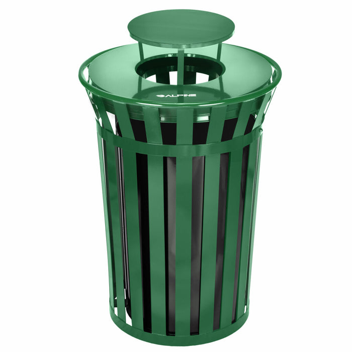 Alpine Industries Outdoor Metal Slatted Trash Receptacle with Rain Bonnet Lid - 38 Gallon Green - ALP479-38-1-GRN