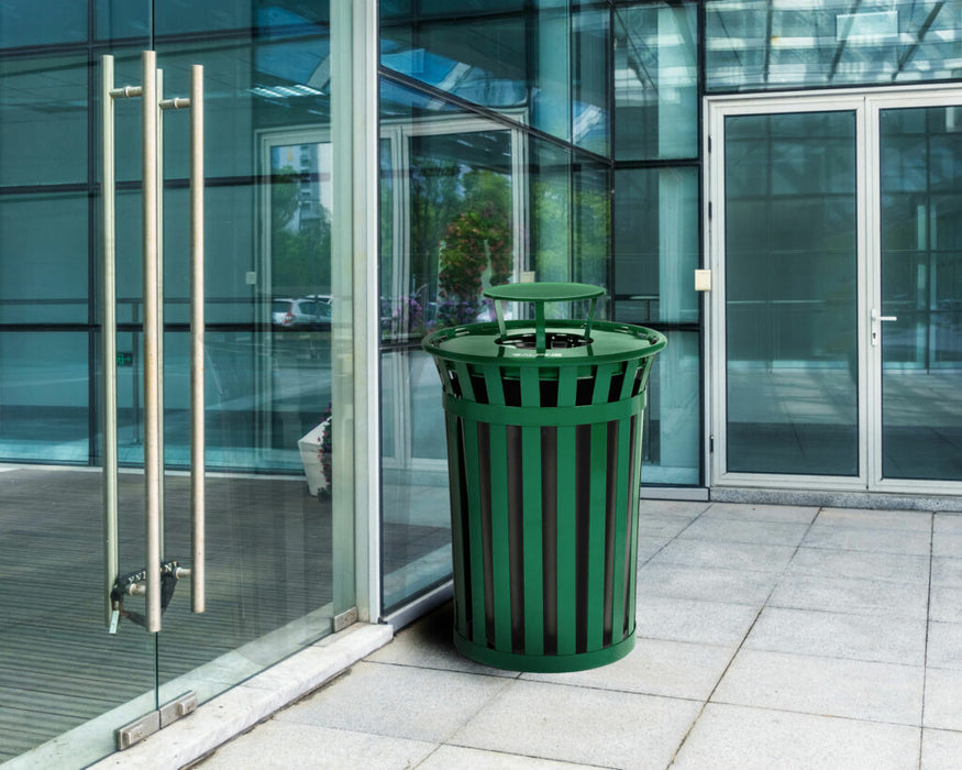 Alpine Industries Outdoor Metal Slatted Trash Receptacle with Rain Bonnet Lid - 38 Gallon Green - ALP479-38-1-GRN