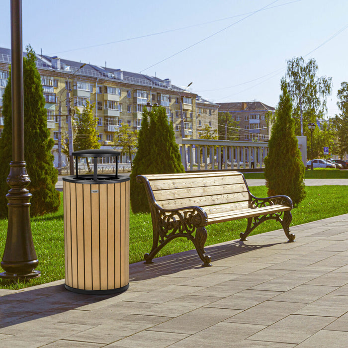 Alpine Industries Round, 32-Gallon Outdoor Trash Container with Slatted Recycled Plastic Panels - Rain Bonnet Lid - Cedar - ALP4400-01-CD-RB