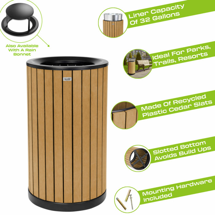 Alpine Industries Round, 32-Gallon Outdoor Trash Container with Slatted Recycled Plastic Panels - Cedar - ALP4400-01-CD