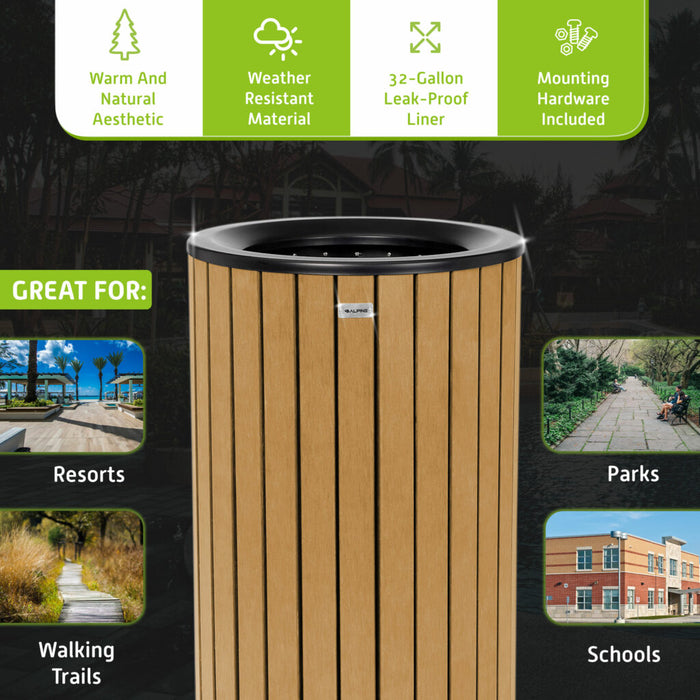 Alpine Industries Round, 32-Gallon Outdoor Trash Container with Slatted Recycled Plastic Panels - Cedar - ALP4400-01-CD