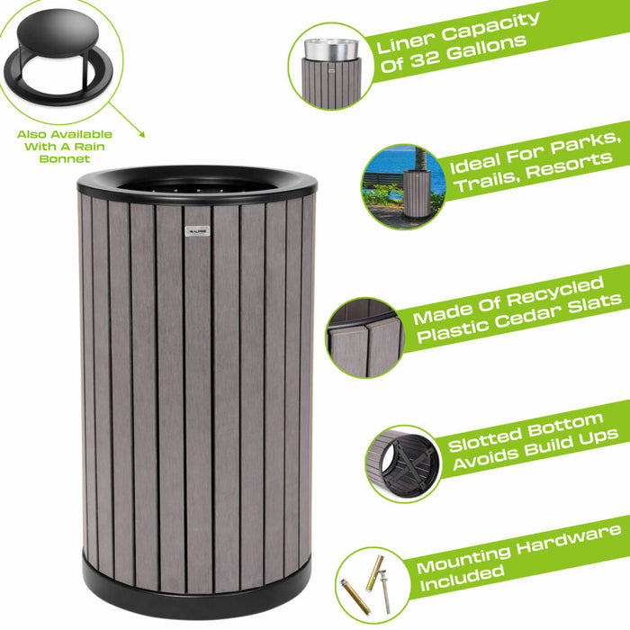 Alpine Industries Round, 32-Gallon Outdoor Trash Container with Slatted Recycled Plastic Panels - Grey ALP4400-01-GRY