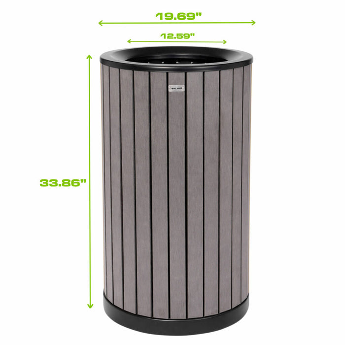 Alpine Industries Round, 32-Gallon Outdoor Trash Container with Slatted Recycled Plastic Panels - Grey ALP4400-01-GRY