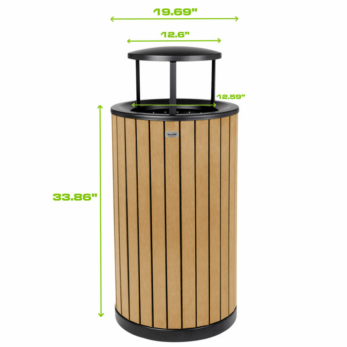 Alpine Industries Round, 32-Gallon Outdoor Trash Container with Slatted Recycled Plastic Panels - Rain Bonnet Lid - Cedar - ALP4400-01-CD-RB