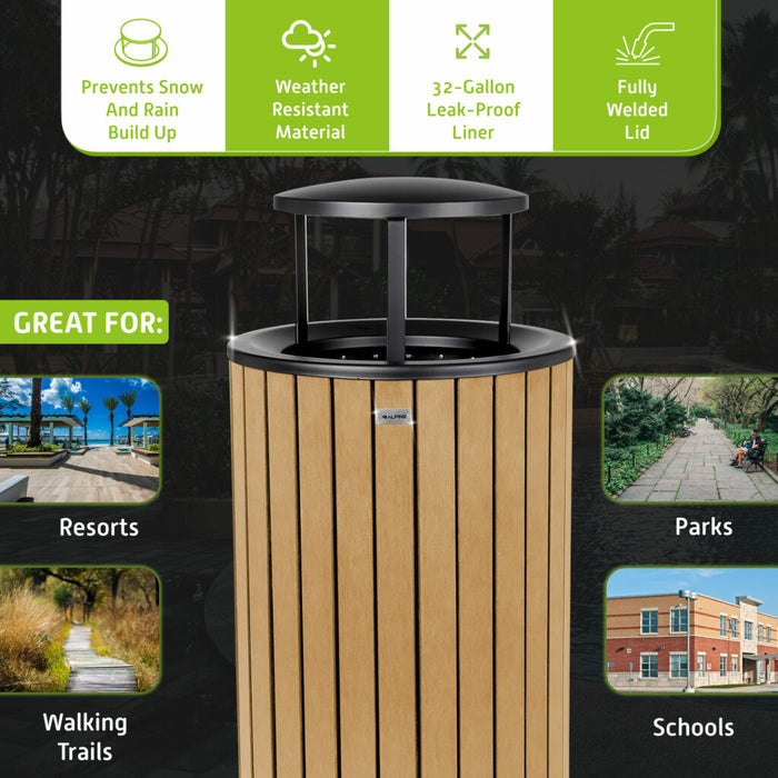 Alpine Industries Round, 32-Gallon Outdoor Trash Container with Slatted Recycled Plastic Panels - Rain Bonnet Lid - Cedar - ALP4400-01-CD-RB