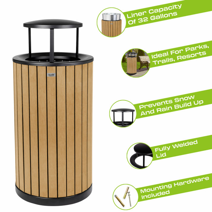 Alpine Industries Round, 32-Gallon Outdoor Trash Container with Slatted Recycled Plastic Panels - Rain Bonnet Lid - Cedar - ALP4400-01-CD-RB