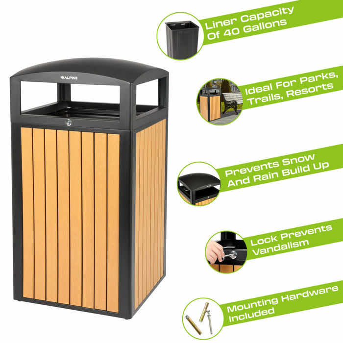 Alpine Industries 40-Gallon Outdoor Trash Container with Slatted Recycled Plastic Panels - Cedar ALP471-40-WD-CD