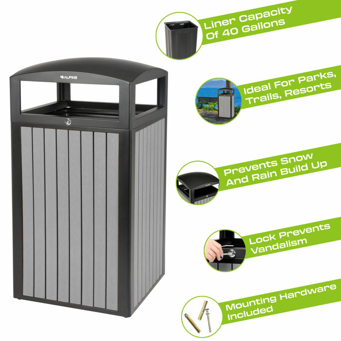 Alpine Industries 40-Gallon Outdoor Trash Container with Slatted Recycled Plastic Panels - Grey ALP471-40-WD-GRY