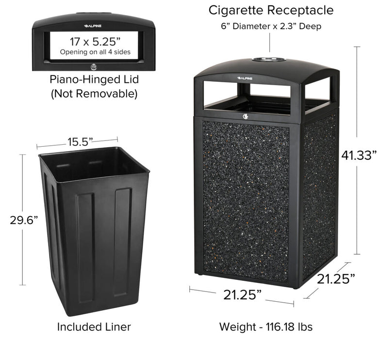 Alpine Industries Alpine Industries Rugged 40-Gallon All-Weather Trash Containers with Gray Stone Panels and Ash Tray ALP472-40-GRYS